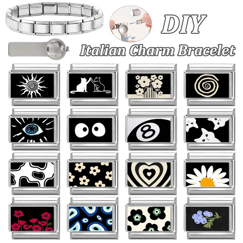 Personalized Black and White Moon Stars Cloud Italian Charm Links Fit 9mm Stainless Steel Bracelet Men Women DIY Making Gifts