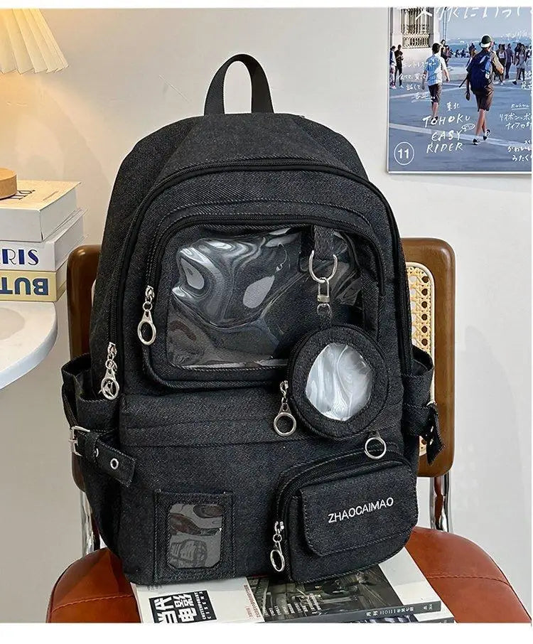 HAEX Denim Women Backpacks 2026 Large Capacity Harajuku DIY Anime Badge Ita Bag Female Student Daily Commute Mochilas Para Mujer