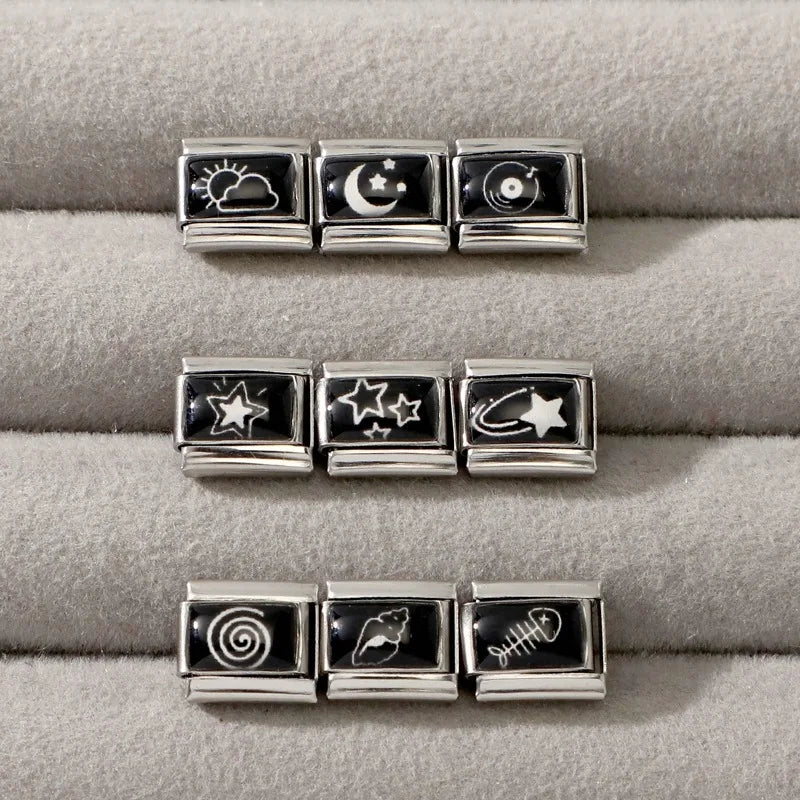 Personalized Black and White Moon Stars Cloud Italian Charm Links Fit 9mm Stainless Steel Bracelet Men Women DIY Making Gifts