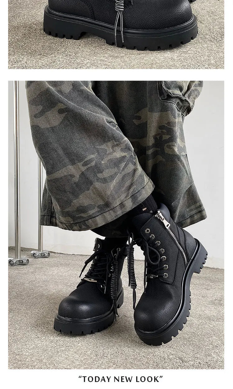Original design Mading boots for men leather height increased by 4.5CM black retro workwear shoes British style short boots