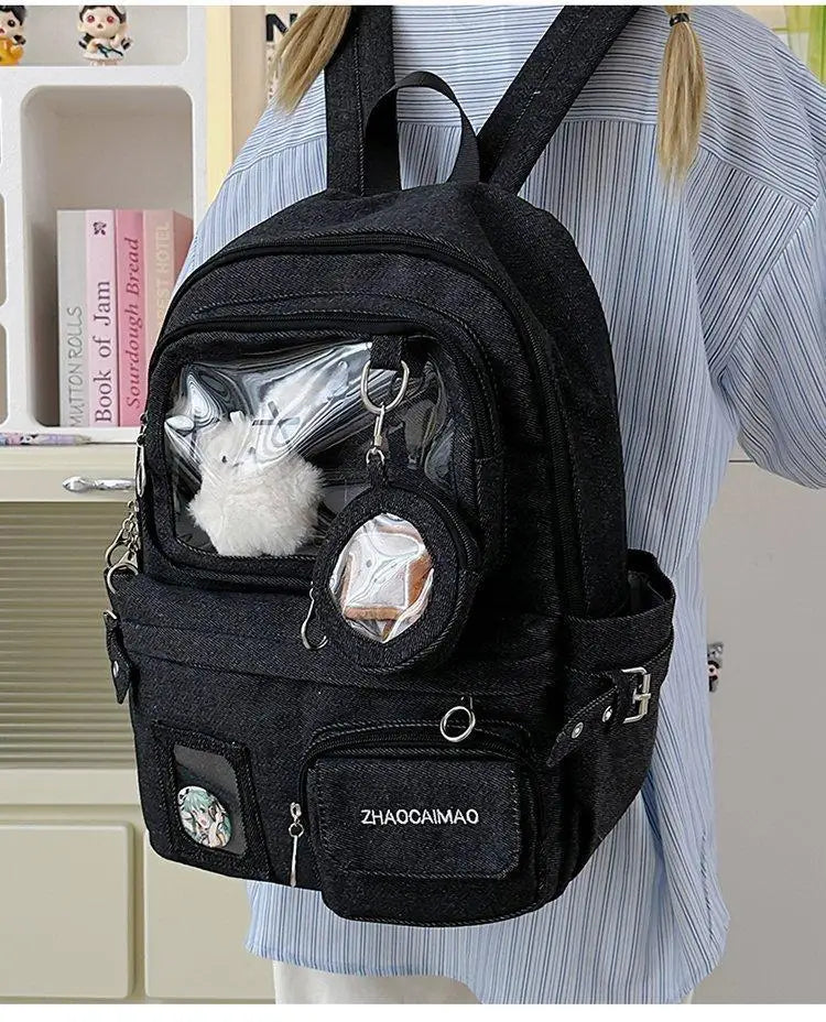 HAEX Denim Women Backpacks 2026 Large Capacity Harajuku DIY Anime Badge Ita Bag Female Student Daily Commute Mochilas Para Mujer
