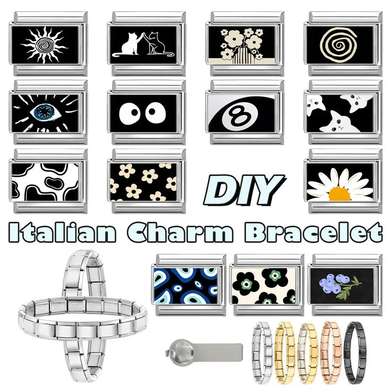 Personalized Black and White Moon Stars Cloud Italian Charm Links Fit 9mm Stainless Steel Bracelet Men Women DIY Making Gifts