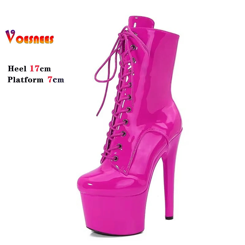 Red 17CM/6Inchs Women Boots Sexy Fashion Catwalk Knight Boots PU Upper Exotic High Heel Platform Party Boots Pole Dance Shoes