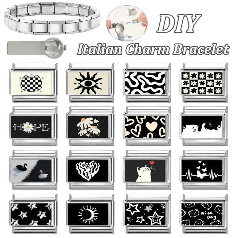 Personalized Black and White Moon Stars Cloud Italian Charm Links Fit 9mm Stainless Steel Bracelet Men Women DIY Making Gifts