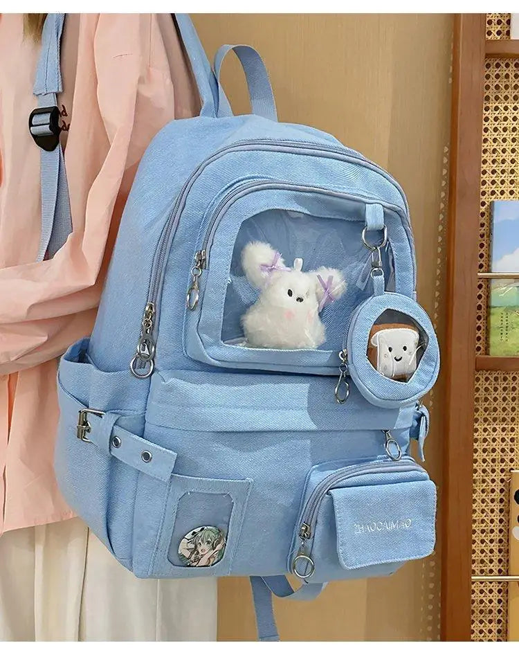HAEX Denim Women Backpacks 2026 Large Capacity Harajuku DIY Anime Badge Ita Bag Female Student Daily Commute Mochilas Para Mujer