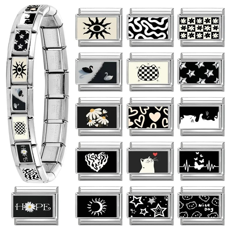 Personalized Black and White Moon Stars Cloud Italian Charm Links Fit 9mm Stainless Steel Bracelet Men Women DIY Making Gifts