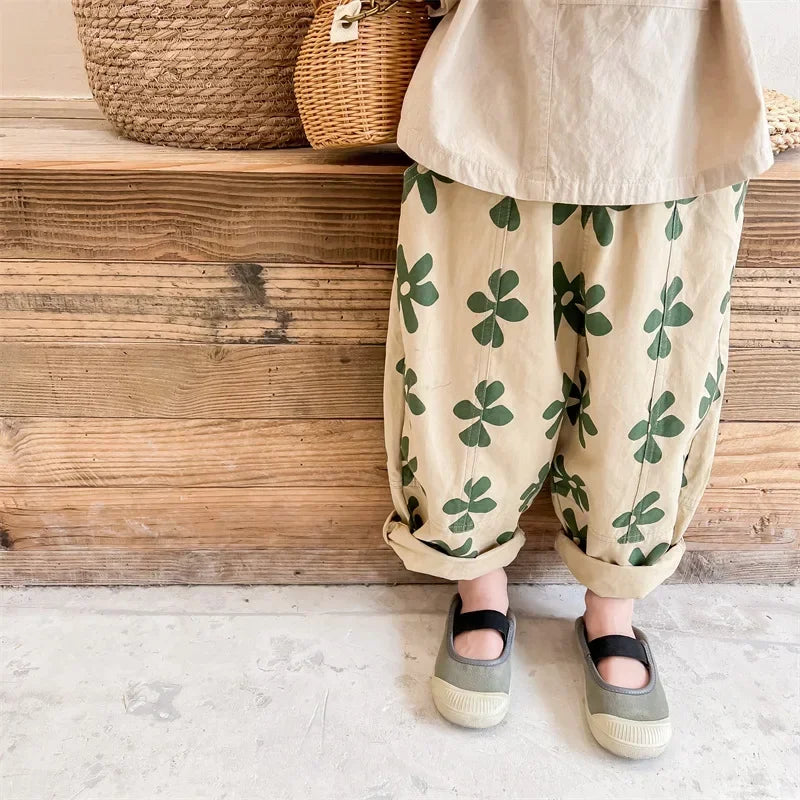 1639C Children Pants Spring New Flower Print Girl's Pant Washed Cotton Harem Pants 1-7Year Boy's Casual Pants Trousers