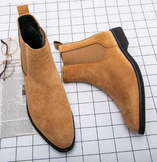 Beige Men Chelsea Boots Black Flock Round Toe Slip-On Business Handmade Men Boots  Botas De Hombre Wine Red Shoes Men