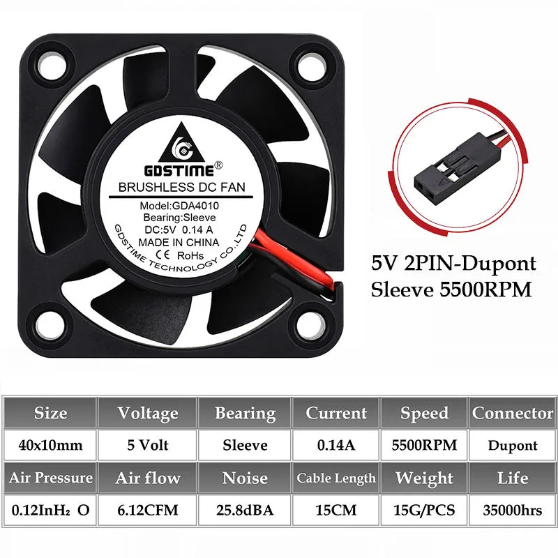2Pcs Gdstime DC 24V 12V 5V 40mm x 40mm x 10mm 2-Pin Ball Bearing Computer PC Case Cooling Fan 4010