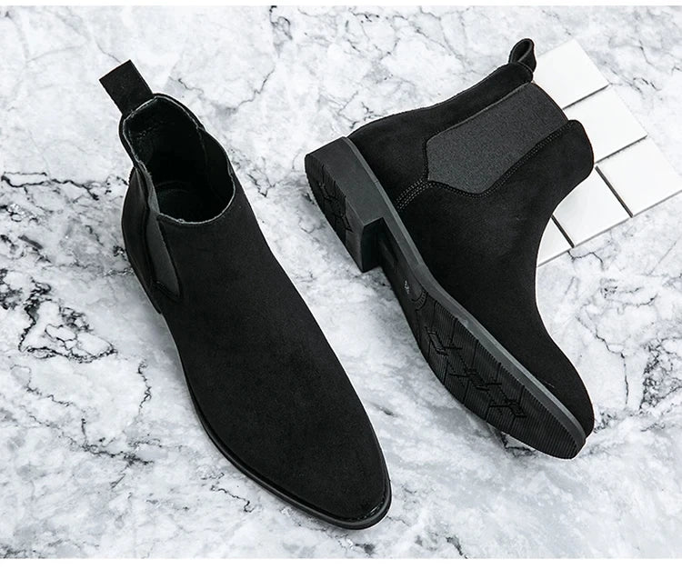 Beige Men Chelsea Boots Black Flock Round Toe Slip-On Business Handmade Men Boots  Botas De Hombre Wine Red Shoes Men