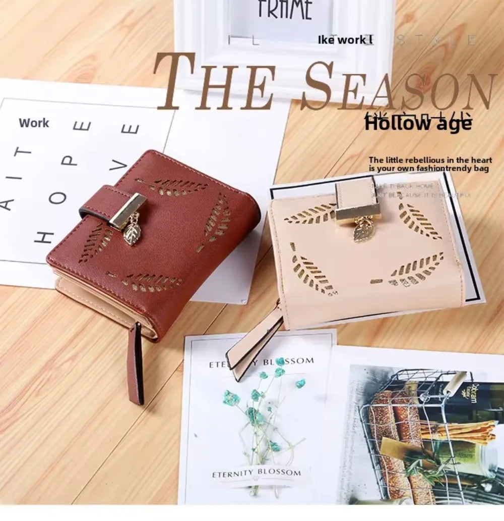Luxury Women Wallet Leather Purse Short Zipper Clutch Bag Small Hollow Out Leaves Design Fashion Brand Wallets
