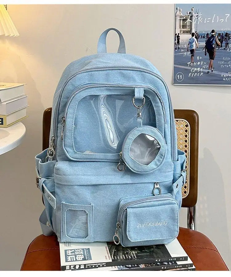 HAEX Denim Women Backpacks 2026 Large Capacity Harajuku DIY Anime Badge Ita Bag Female Student Daily Commute Mochilas Para Mujer