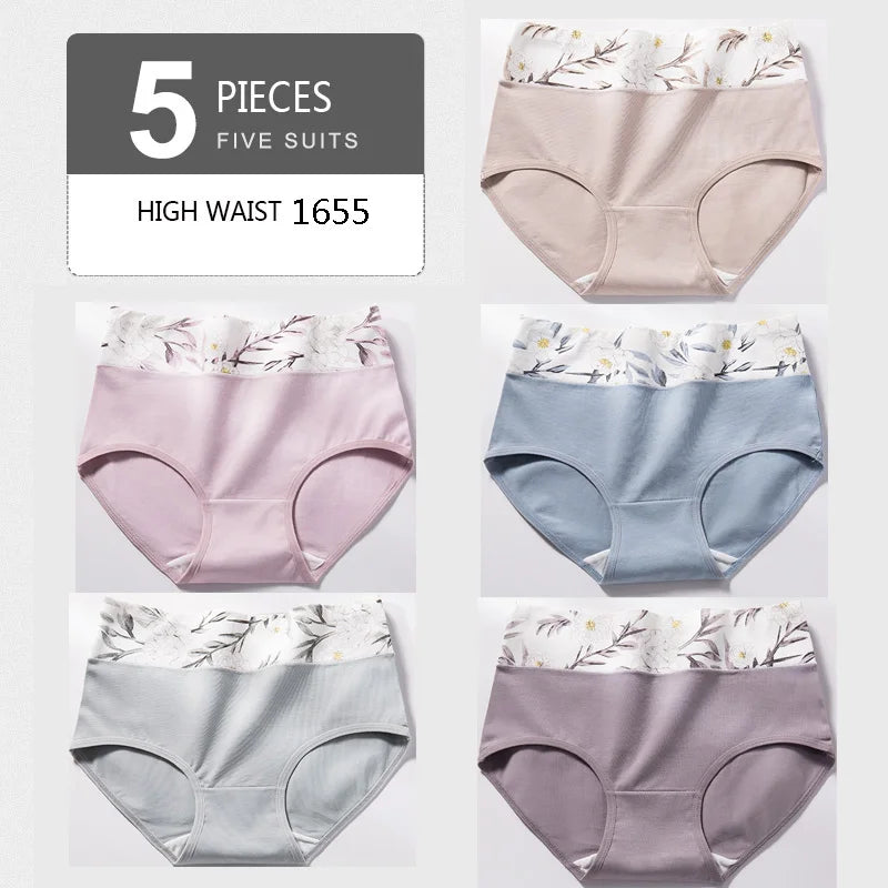 5Pcs Women's Panties Lady Cotton Underwear Print Cute Girls Breathable Seamless High Waist Briefs Woman Sexy Lingerie Intimates