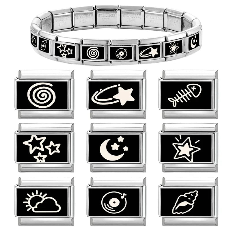 Personalized Black and White Moon Stars Cloud Italian Charm Links Fit 9mm Stainless Steel Bracelet Men Women DIY Making Gifts