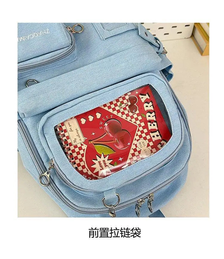 HAEX Denim Women Backpacks 2026 Large Capacity Harajuku DIY Anime Badge Ita Bag Female Student Daily Commute Mochilas Para Mujer