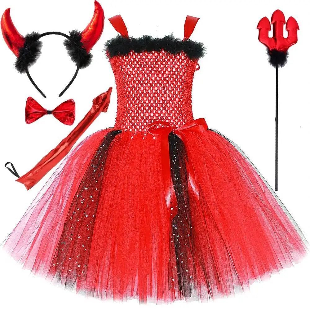 Halloween Red Devil Costumes for Girls Demon Angel Fancy Tutu Dress with Wings Horn Pitch Fork Kids Carnival Disguise Outfits