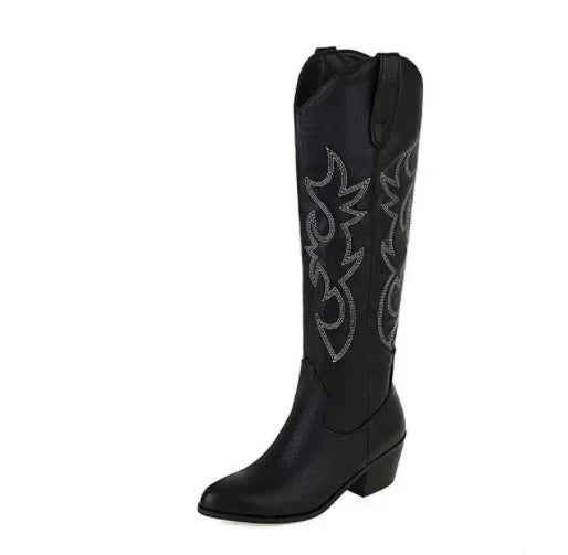 Pointed Toe Knight Boots for Women Brown PU Leather Knee High Boots Woman  Autumn Winter Western Cowboy Long Botas Mujer 2024