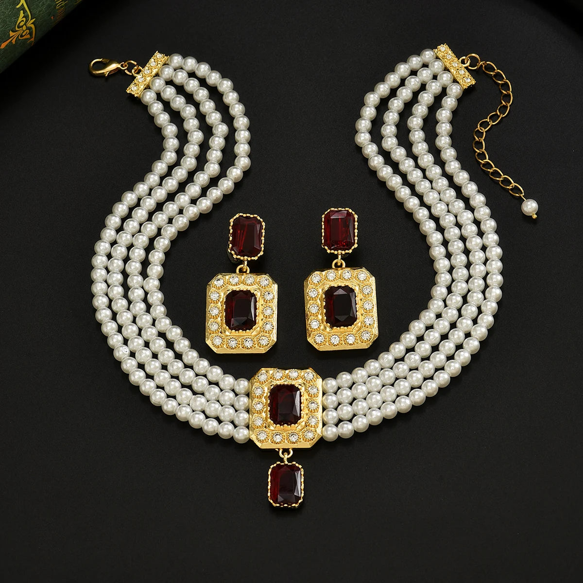 A Moroccan-Style Bridal Imitation Pearl Necklace Handcrafted Beaded Square Pendant Wedding Dress Earring Accessory