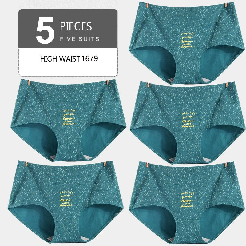 5Pcs Women's Panties Lady Cotton Underwear Print Cute Girls Breathable Seamless High Waist Briefs Woman Sexy Lingerie Intimates