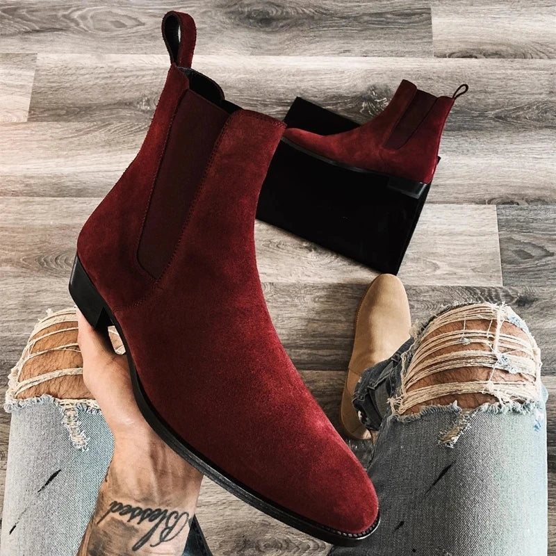 Beige Men Chelsea Boots Black Flock Round Toe Slip-On Business Handmade Men Boots  Botas De Hombre Wine Red Shoes Men