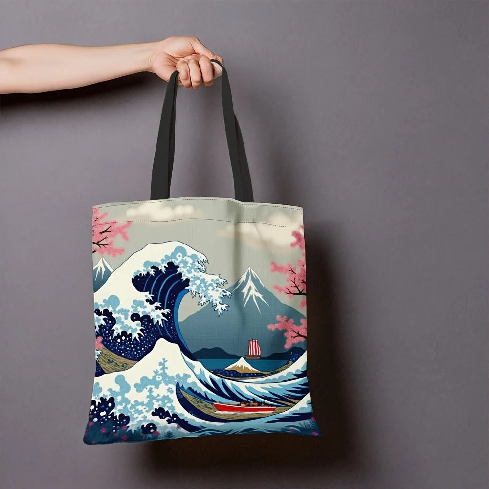 1pc Ukiyo-e Inspired Polyester Tote Bag - Great Wave off Kanagawa & Pink Floral Design, Durable Rectangular Shopping Bag