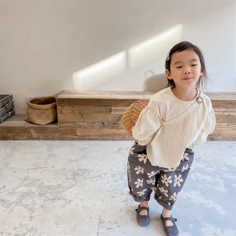 1639C Children Pants Spring New Flower Print Girl's Pant Washed Cotton Harem Pants 1-7Year Boy's Casual Pants Trousers