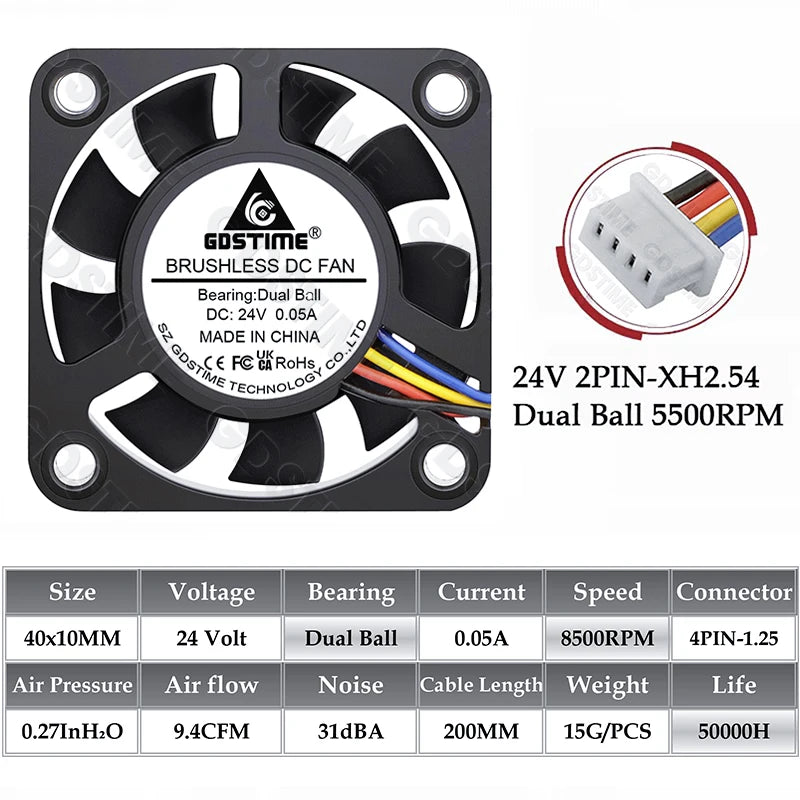 2Pcs Gdstime DC 24V 12V 5V 40mm x 40mm x 10mm 2-Pin Ball Bearing Computer PC Case Cooling Fan 4010