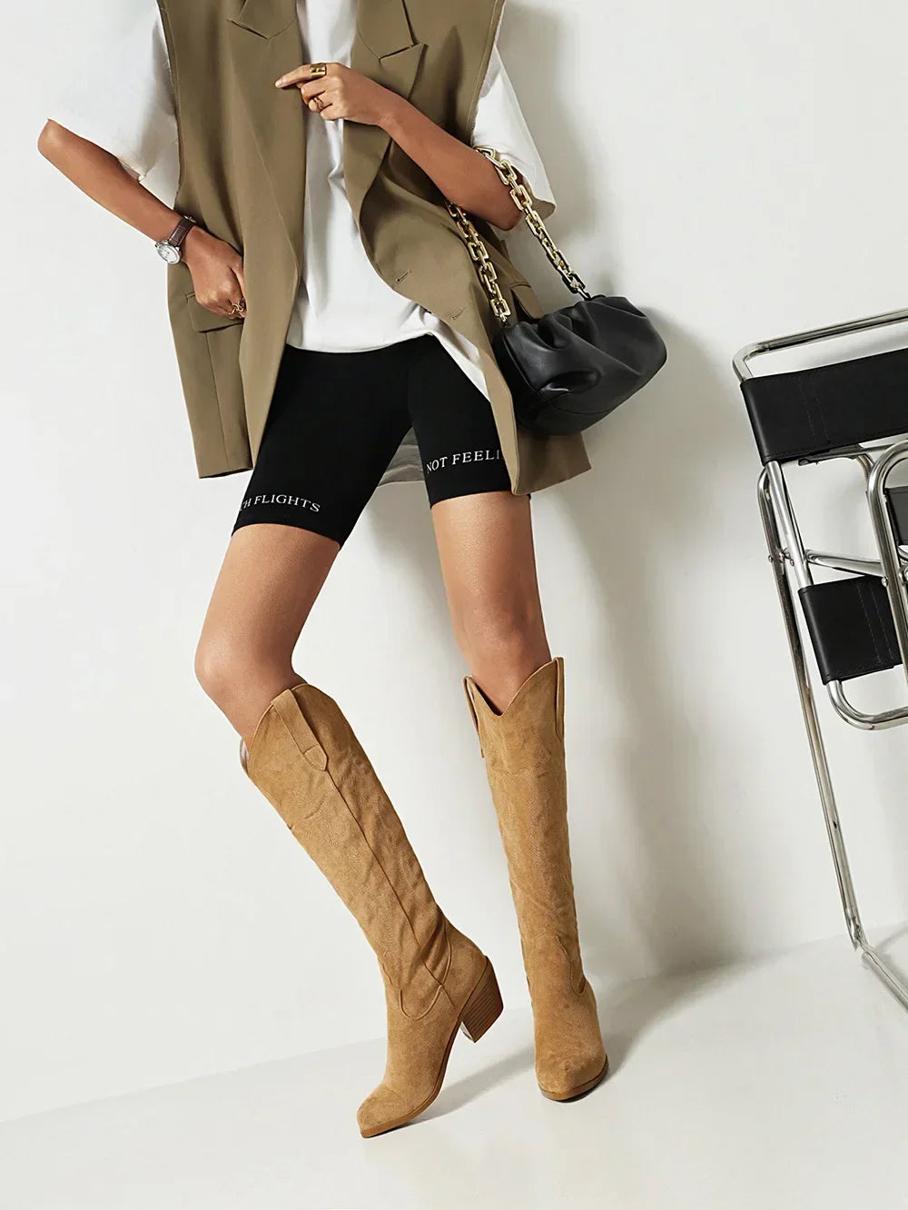 Pointed Toe Knight Boots for Women Brown PU Leather Knee High Boots Woman  Autumn Winter Western Cowboy Long Botas Mujer 2024