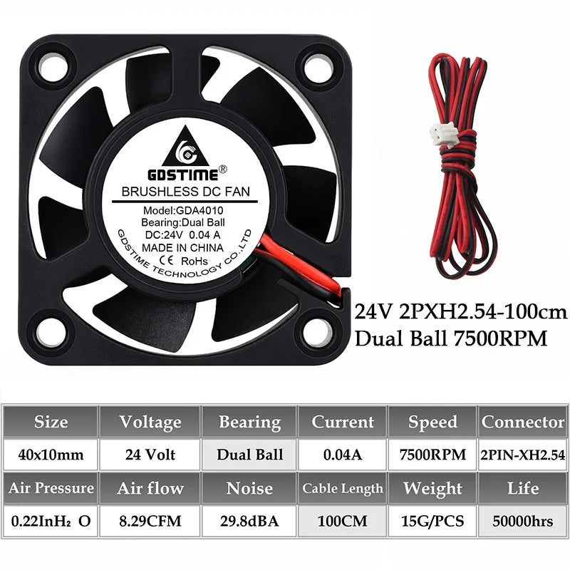 2Pcs Gdstime DC 24V 12V 5V 40mm x 40mm x 10mm 2-Pin Ball Bearing Computer PC Case Cooling Fan 4010
