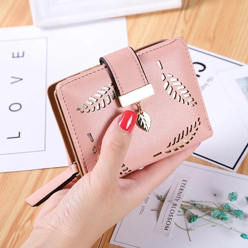 Luxury Women Wallet Leather Purse Short Zipper Clutch Bag Small Hollow Out Leaves Design Fashion Brand Wallets