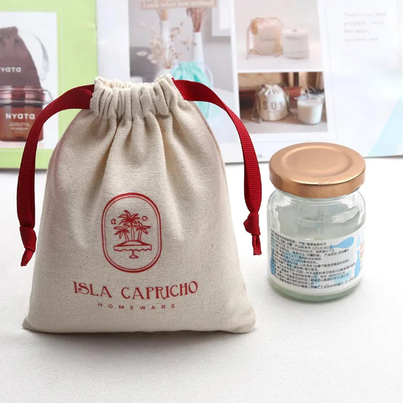 Small White Cotton Gift Bags Custom Party Muslin Linen Drawstring Bag Perfume Jewelry Logo Pouch