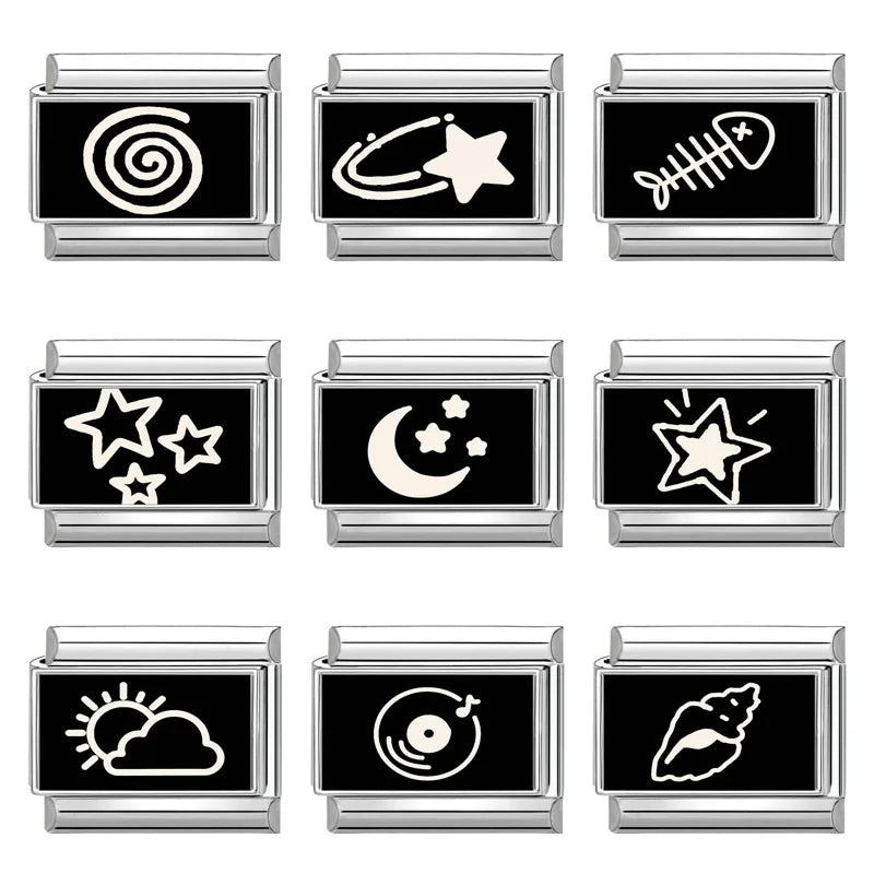 Personalized Black and White Moon Stars Cloud Italian Charm Links Fit 9mm Stainless Steel Bracelet Men Women DIY Making Gifts