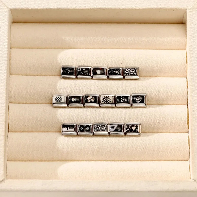 Personalized Black and White Moon Stars Cloud Italian Charm Links Fit 9mm Stainless Steel Bracelet Men Women DIY Making Gifts