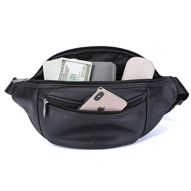 Fashion Men Genuine Leather Fanny Bag for Phone Pouch Male Leather Messenger Bags Brand Fanny Pack Male Travel Waist Bag Men
