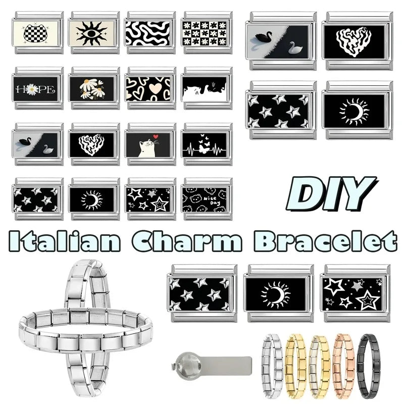 Personalized Black and White Moon Stars Cloud Italian Charm Links Fit 9mm Stainless Steel Bracelet Men Women DIY Making Gifts