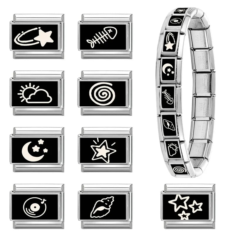 Personalized Black and White Moon Stars Cloud Italian Charm Links Fit 9mm Stainless Steel Bracelet Men Women DIY Making Gifts