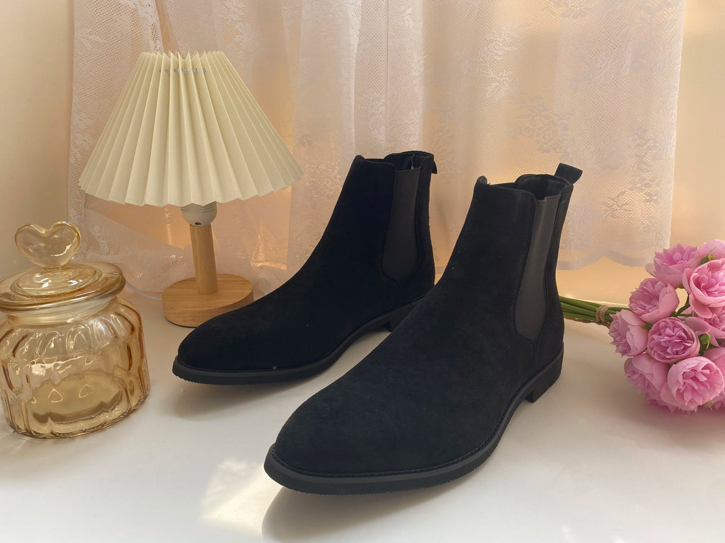 Beige Men Chelsea Boots Black Flock Round Toe Slip-On Business Handmade Men Boots  Botas De Hombre Wine Red Shoes Men