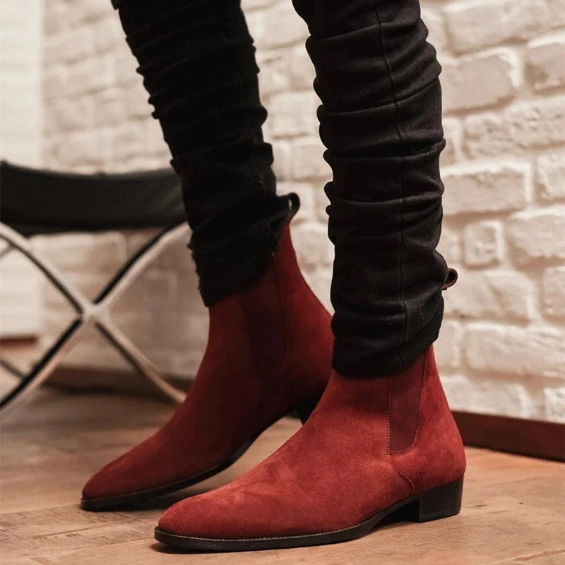 Beige Men Chelsea Boots Black Flock Round Toe Slip-On Business Handmade Men Boots  Botas De Hombre Wine Red Shoes Men