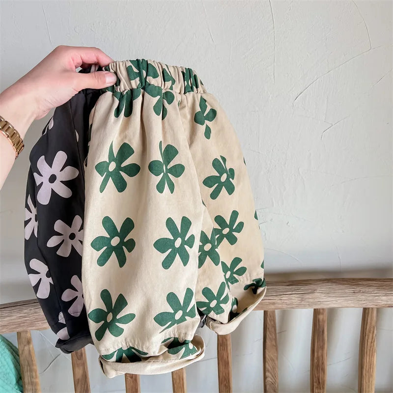 1639C Children Pants Spring New Flower Print Girl's Pant Washed Cotton Harem Pants 1-7Year Boy's Casual Pants Trousers