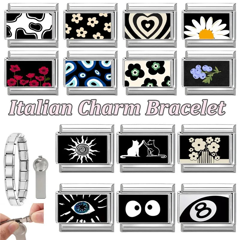 Personalized Black and White Moon Stars Cloud Italian Charm Links Fit 9mm Stainless Steel Bracelet Men Women DIY Making Gifts