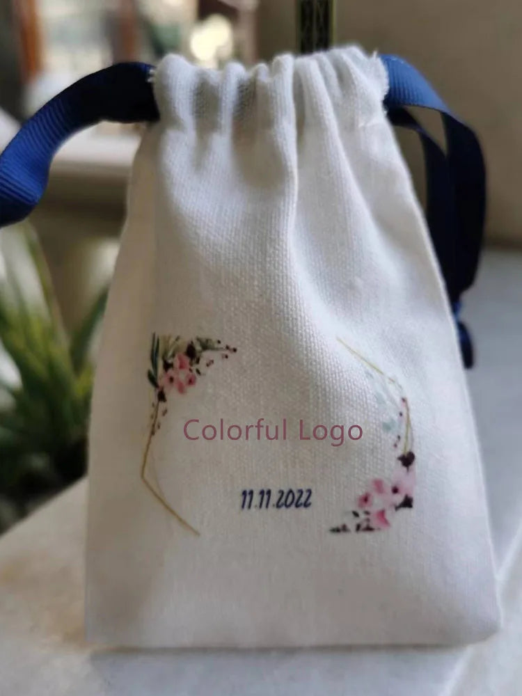 Small White Cotton Gift Bags Custom Party Muslin Linen Drawstring Bag Perfume Jewelry Logo Pouch