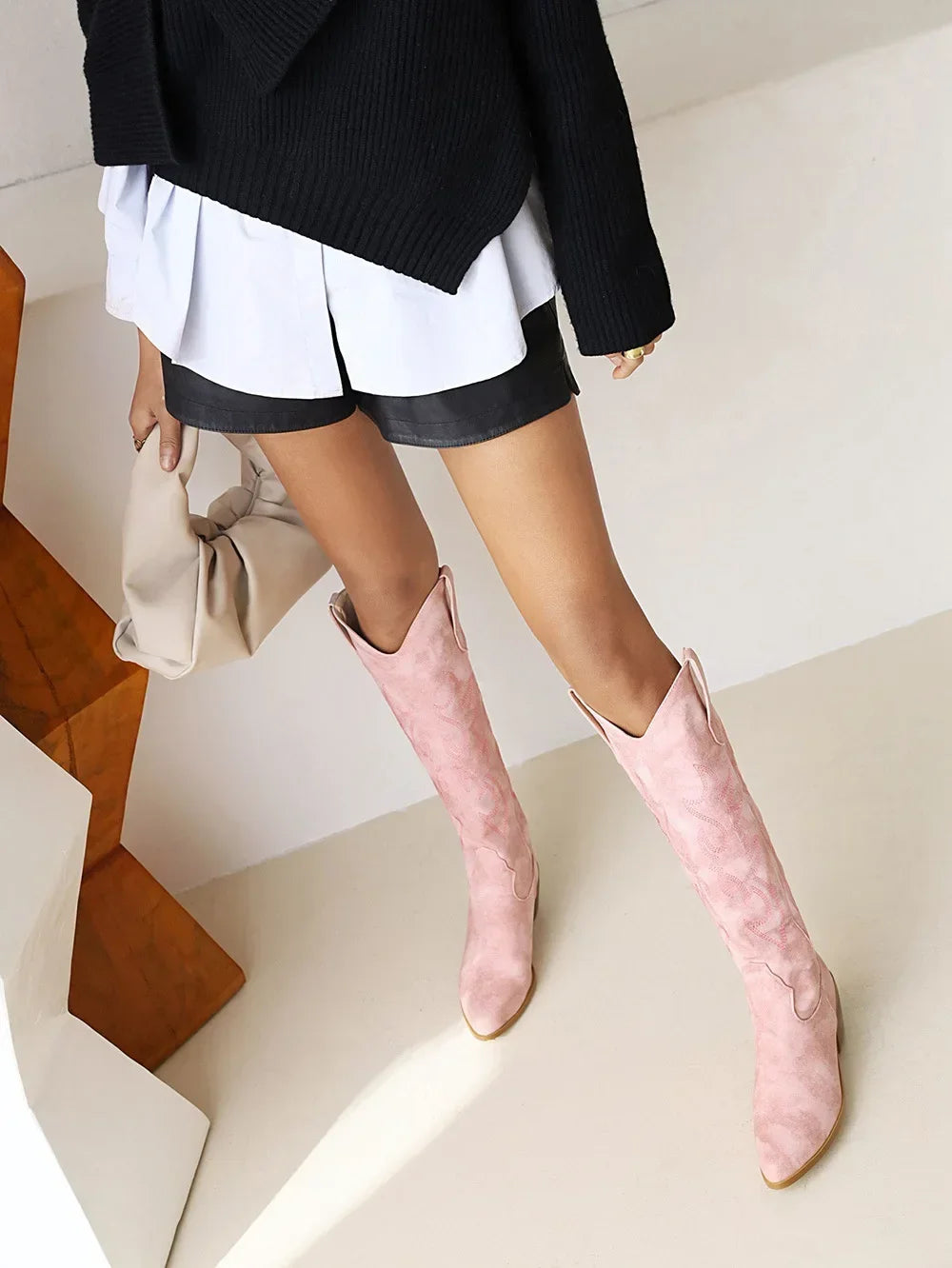 Pointed Toe Knight Boots for Women Brown PU Leather Knee High Boots Woman  Autumn Winter Western Cowboy Long Botas Mujer 2024