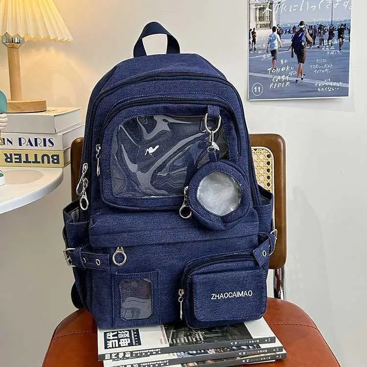 HAEX Denim Women Backpacks 2026 Large Capacity Harajuku DIY Anime Badge Ita Bag Female Student Daily Commute Mochilas Para Mujer