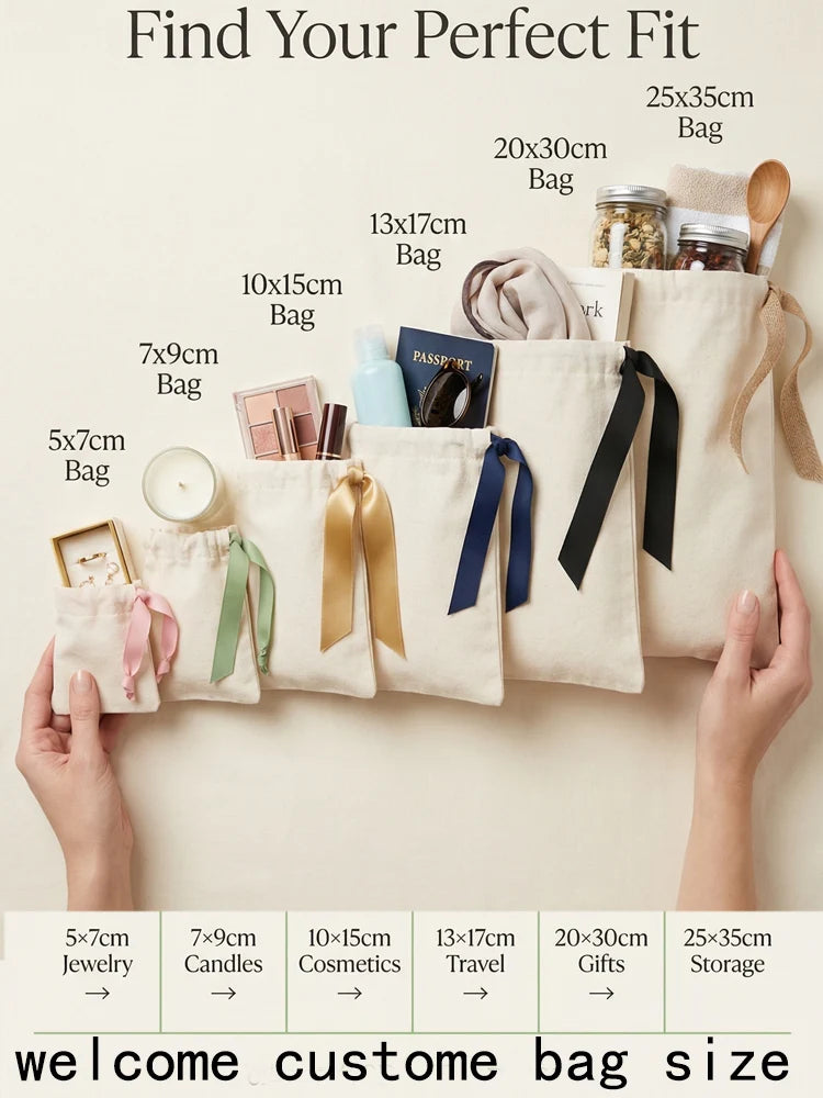 Small White Cotton Gift Bags Custom Party Muslin Linen Drawstring Bag Perfume Jewelry Logo Pouch