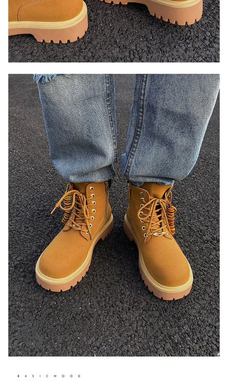 Original design Mading boots for men leather height increased by 4.5CM black retro workwear shoes British style short boots