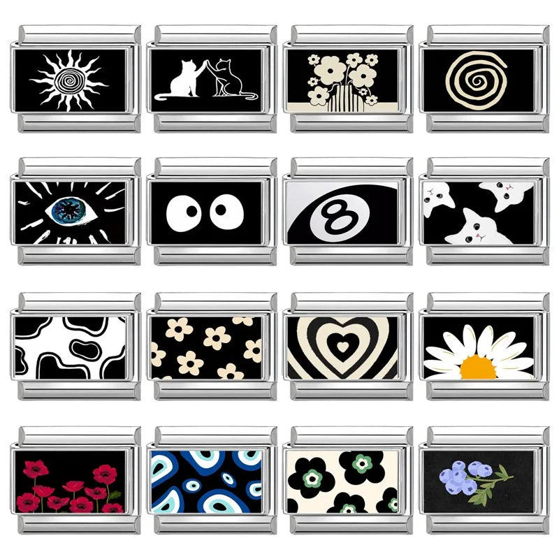 Personalized Black and White Moon Stars Cloud Italian Charm Links Fit 9mm Stainless Steel Bracelet Men Women DIY Making Gifts