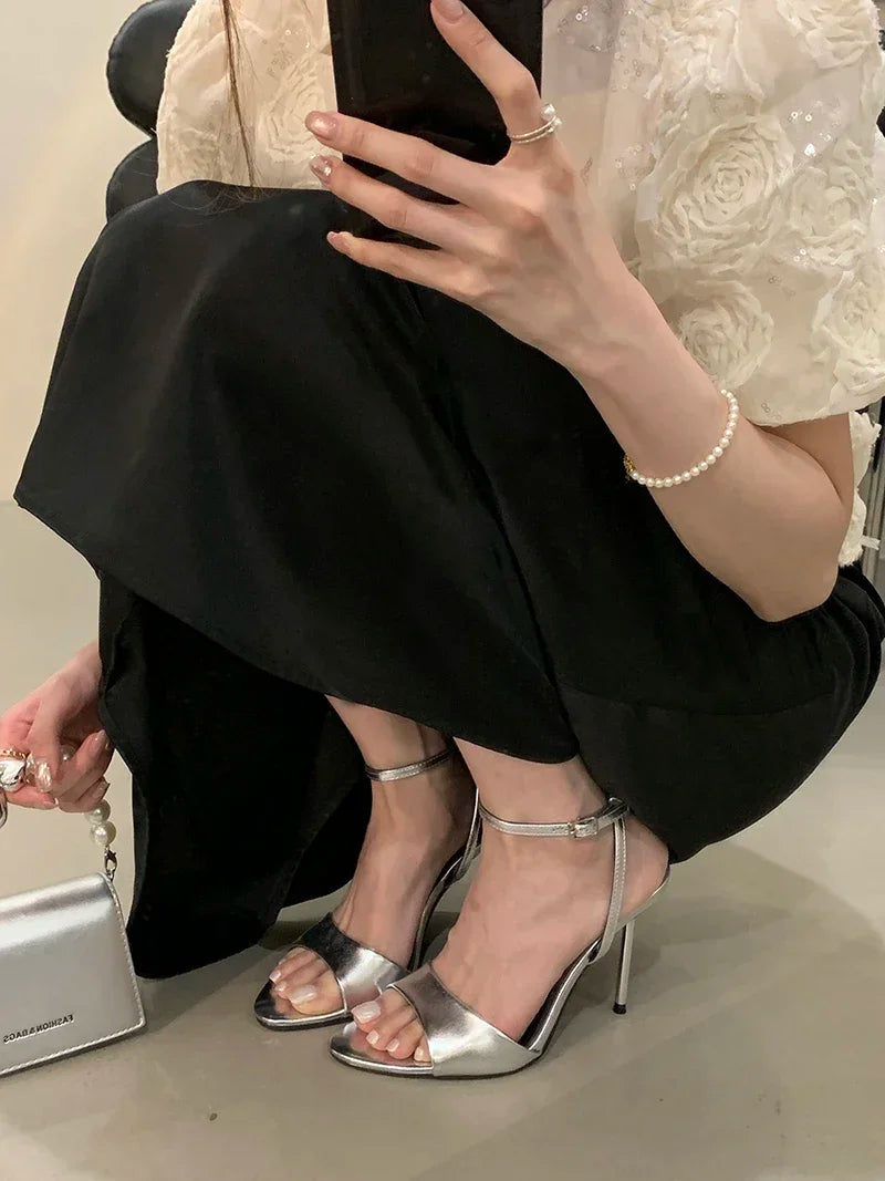 Aneikeh Summer Fashion Blue Female Sandal Open Toe Buckle High Heels Peep Pointed New Denim Stiletto Strap Womens Prom Shoes