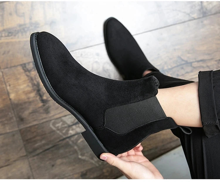 Beige Men Chelsea Boots Black Flock Round Toe Slip-On Business Handmade Men Boots  Botas De Hombre Wine Red Shoes Men