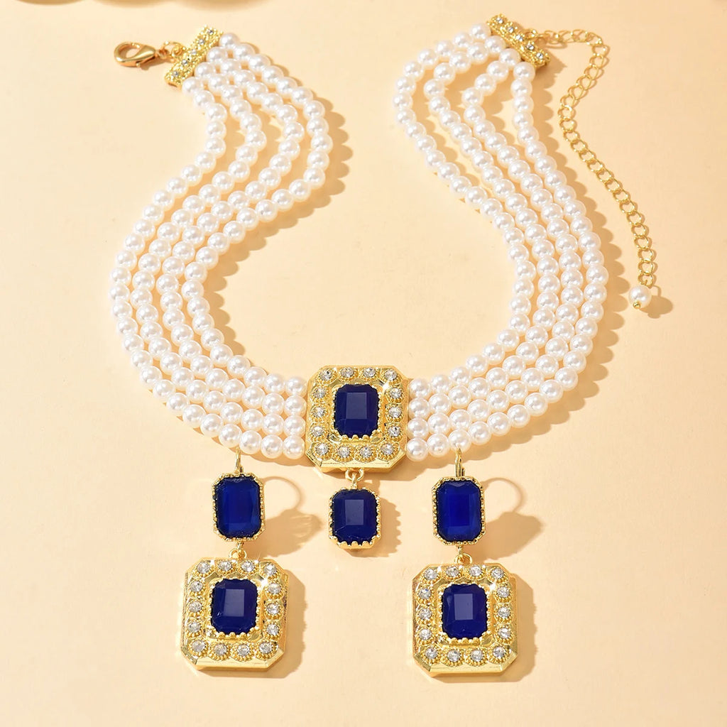 A Moroccan-Style Bridal Imitation Pearl Necklace Handcrafted Beaded Square Pendant Wedding Dress Earring Accessory