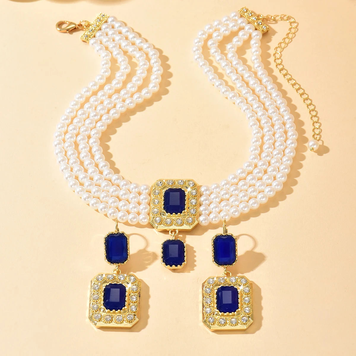 A Moroccan-Style Bridal Imitation Pearl Necklace Handcrafted Beaded Square Pendant Wedding Dress Earring Accessory